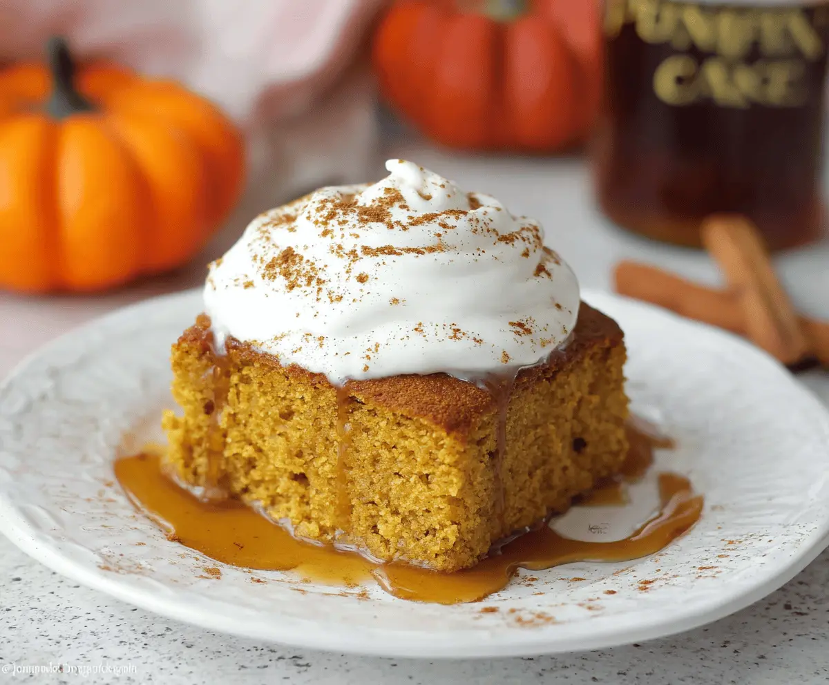 Delicious pumpkin 3-ingredient cake topped with whipped cream, perfect for fall desserts and easy to make