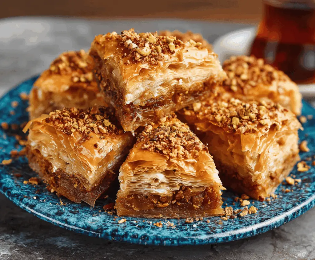 Delicious homemade pumpkin baklava with flaky phyllo layers, chopped walnuts, and sweet pumpkin filling topped with honey drizzle