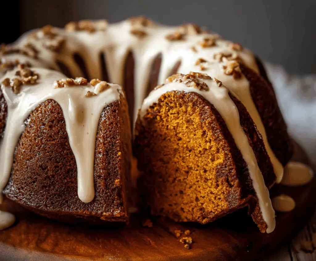 Delicious homemade Pumpkin Bundt Cake topped with cream cheese frosting and sprinkled with cinnamon, perfect for fall desserts.