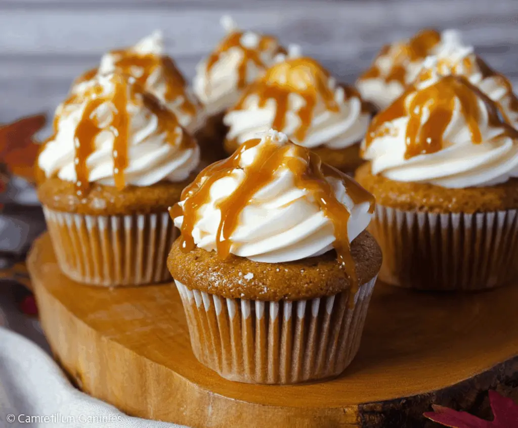 Delicious Pumpkin Caramel Cupcakes topped with whipped cream and caramel drizzle, perfect for fall desserts.