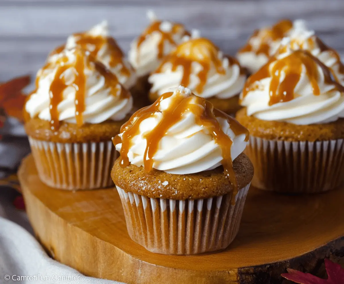 Delicious Pumpkin Caramel Cupcakes topped with whipped cream and caramel drizzle, perfect for fall desserts.