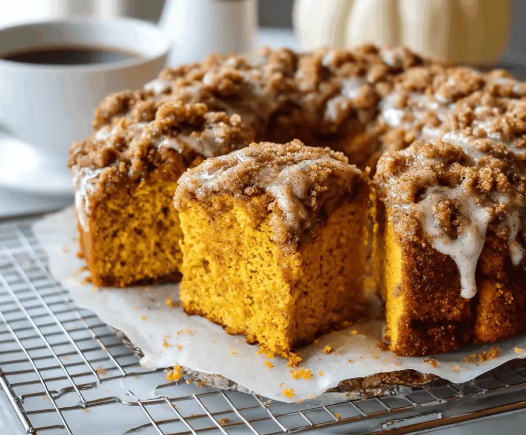 Delicious Pumpkin Cinnamon Coffee Cake with a golden crust, topped with cinnamon sugar swirl, perfect for fall breakfast or dessert