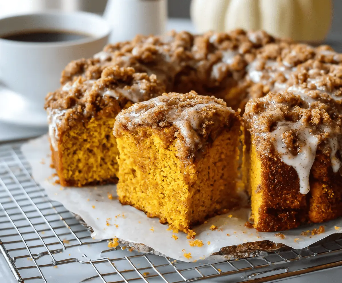 Delicious Pumpkin Cinnamon Coffee Cake with a golden crust, topped with cinnamon sugar swirl, perfect for fall breakfast or dessert