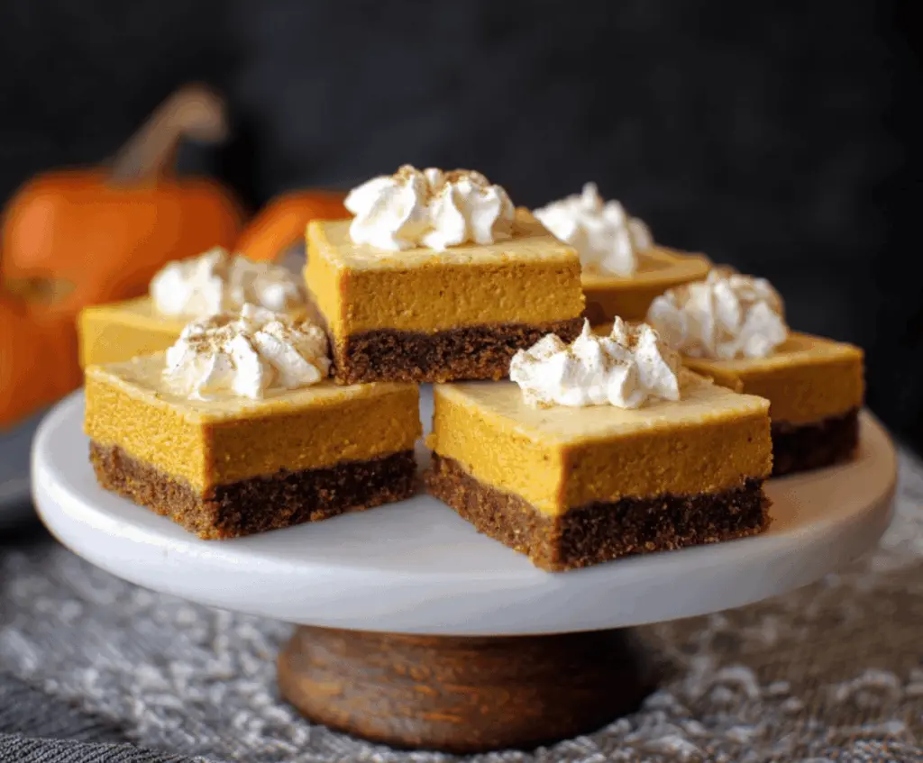 Creamy pumpkin gingersnap cheesecake bars topped with whipped cream and gingersnap cookie crumbs, perfect for fall desserts.
