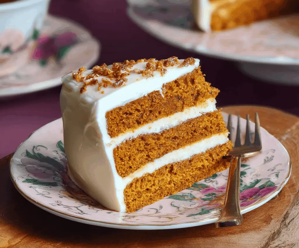 Delicious pumpkin layer cake with cream cheese frosting and autumn-themed decorations, perfect for fall celebrations.
