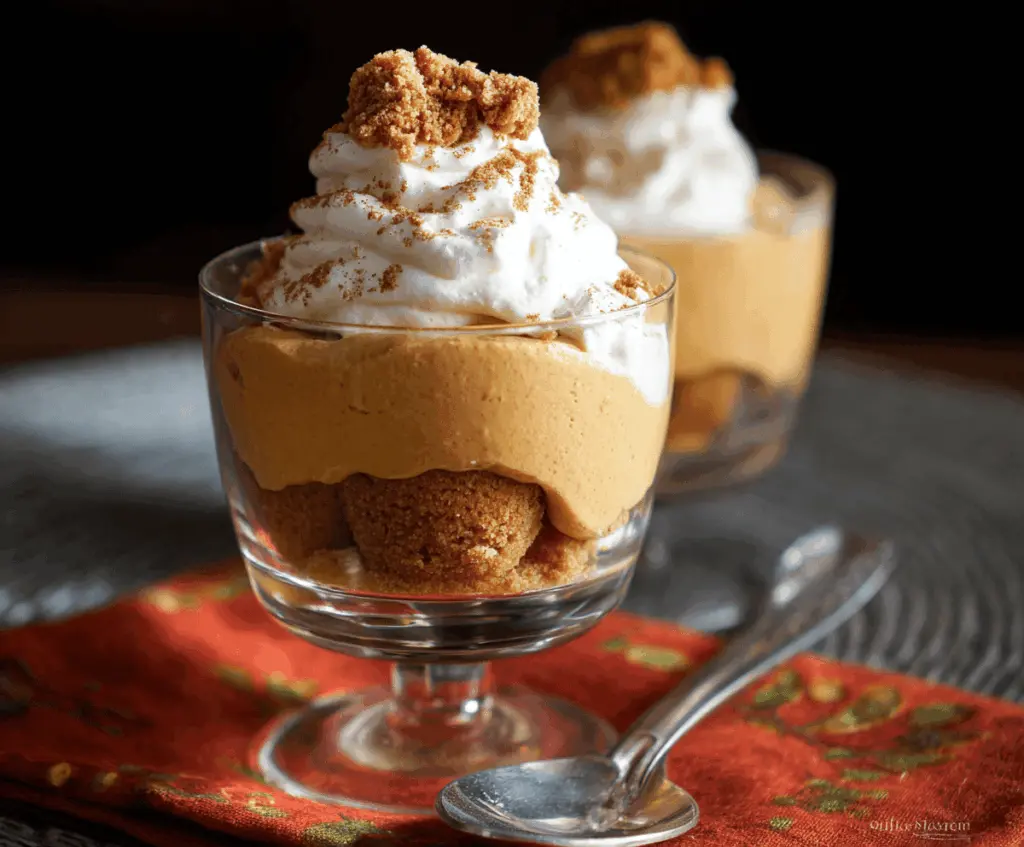 Delicious Pumpkin Mousse Parfait layered in a glass with whipped cream and cinnamon, perfect for fall desserts.