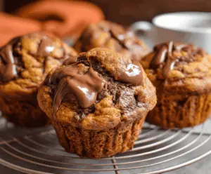 Delicious homemade pumpkin Nutella muffins topped with chocolate and walnuts, perfect for fall desserts and breakfast treats.