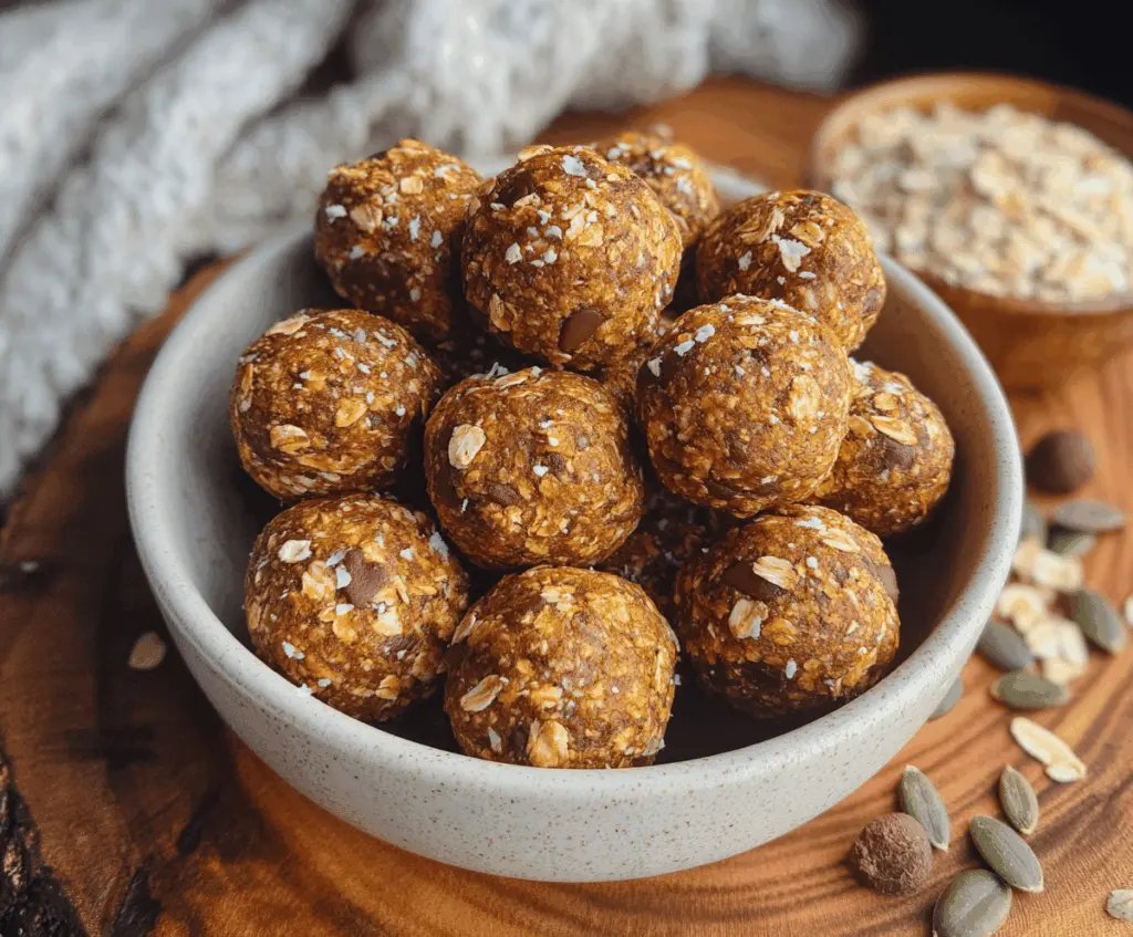Delicious Pumpkin Oat Protein Balls on a white plate, featuring oats, pumpkin puree, and protein powder, perfect for healthy snacks.