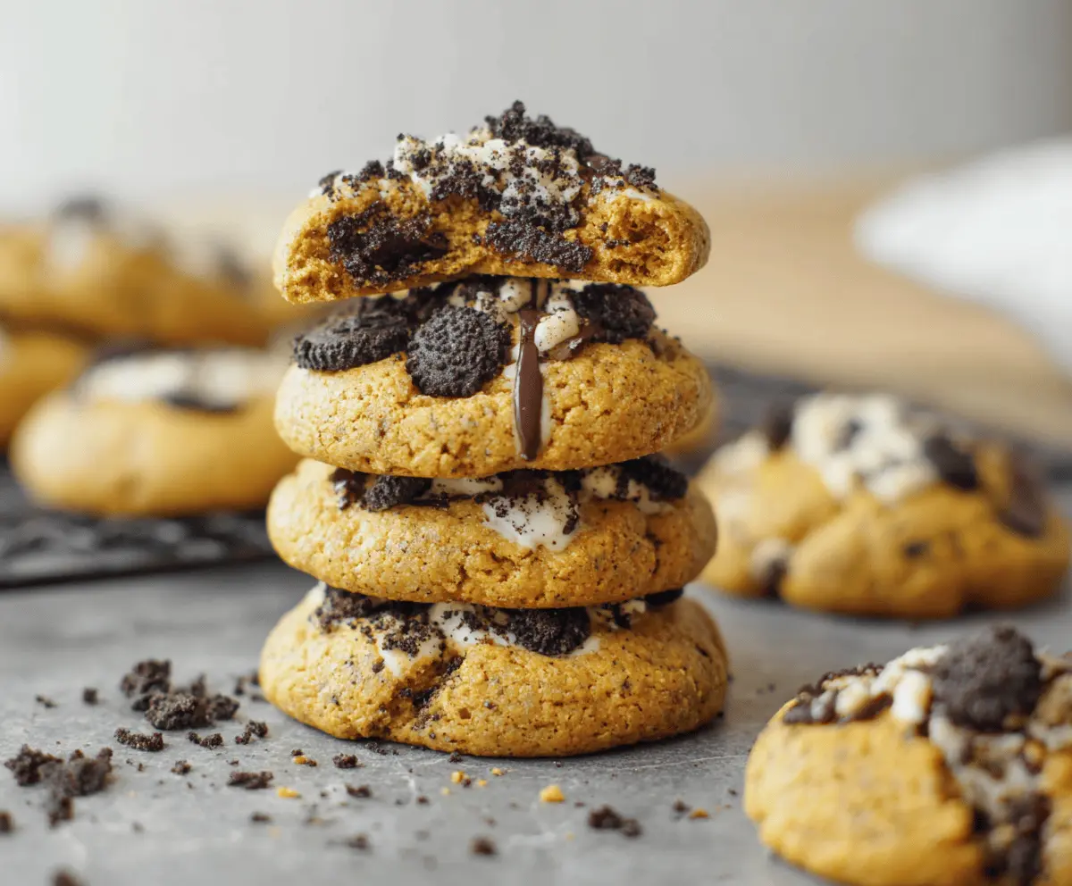 Delicious Pumpkin Oreo White Chocolate Cookies topped with crushed Oreos and white chocolate chunks on a baking sheet