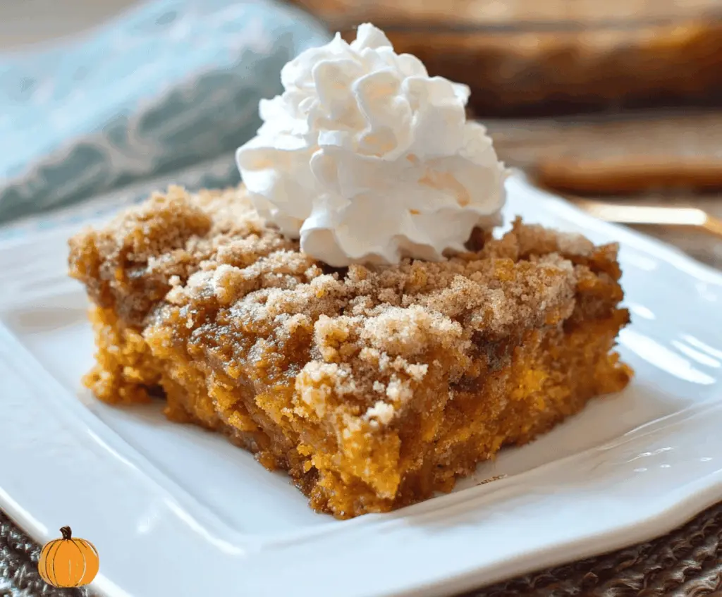 Delicious homemade pumpkin pie dump cake topped with whipped cream and cinnamon, perfect for fall desserts