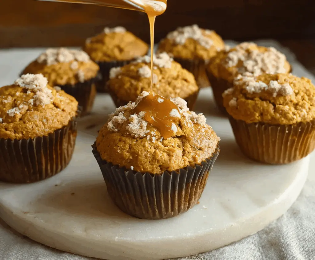 Delicious homemade pumpkin salted caramel muffins topped with caramel drizzle and a sprinkle of sea salt, perfect for fall desserts.