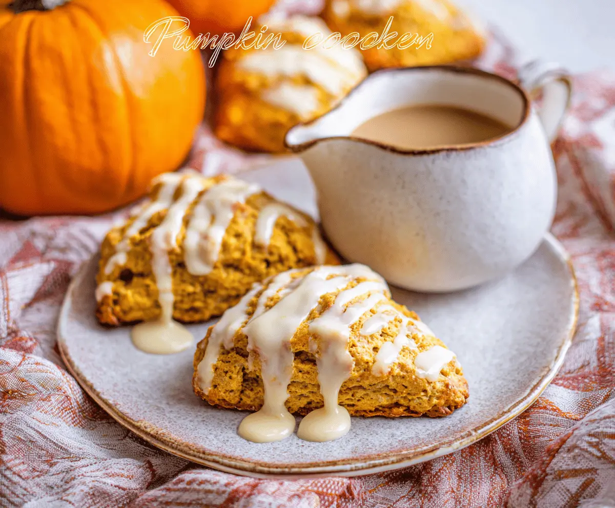 Delicious pumpkin scones topped with sweet maple icing, perfect for fall breakfast or snack