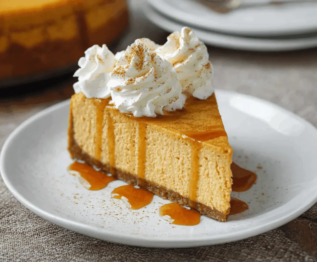Delicious Pumpkin Spice Cheesecake topped with whipped cream and a sprinkle of cinnamon, perfect for fall desserts.