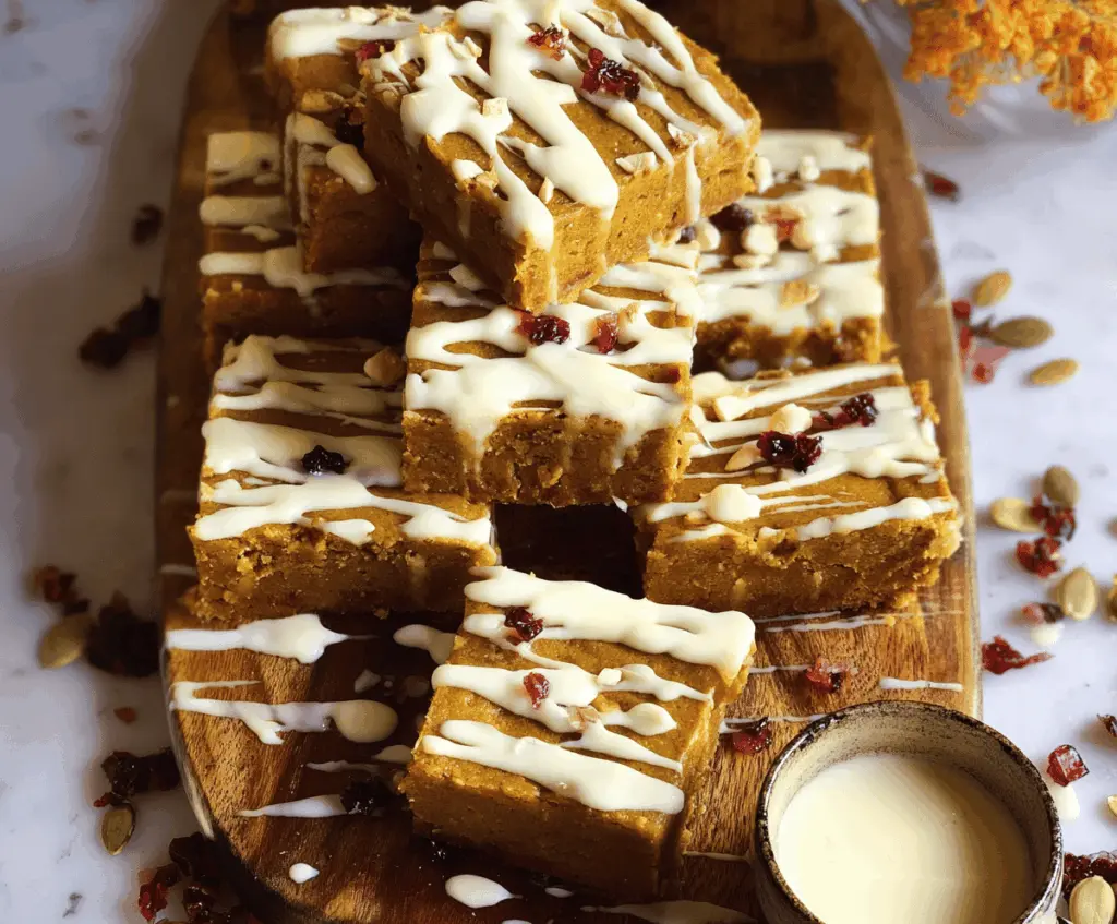 Delicious Pumpkin Spiced Bars topped with creamy white chocolate, perfect for fall desserts and holiday gatherings.