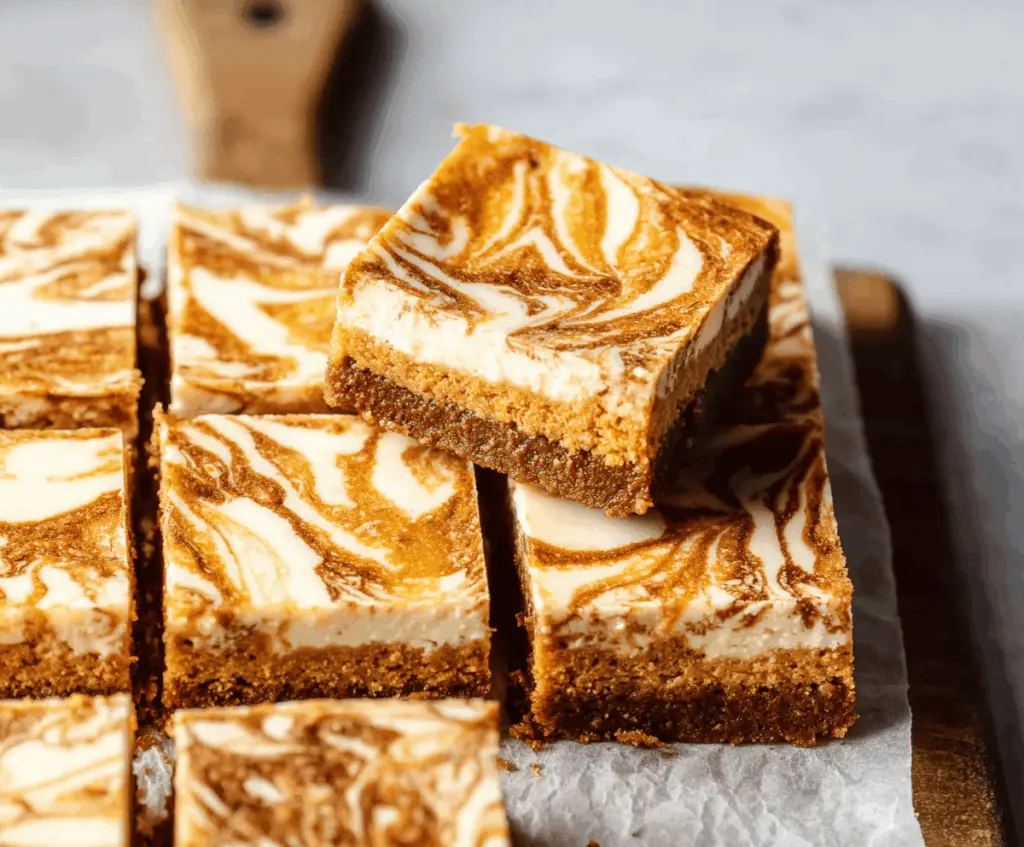 Delicious Pumpkin Swirl Cheesecake Bars with a creamy topping and pumpkin spice swirl, perfect for fall desserts