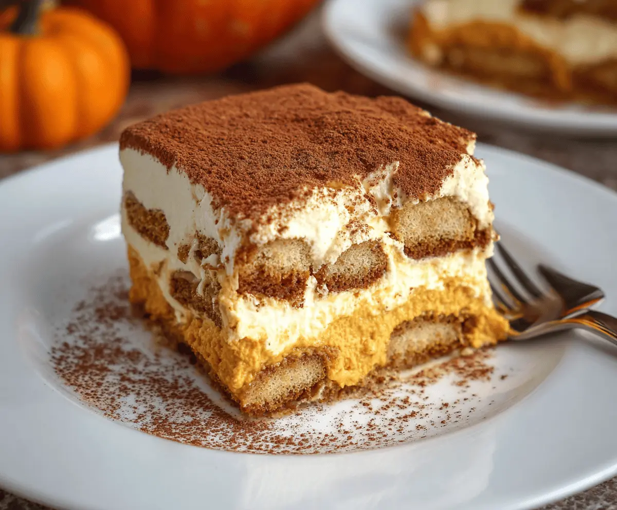 Creamy pumpkin tiramisu dessert layered with coffee-soaked ladyfingers and pumpkin spice, topped with whipped cream and cinnamon for a fall-inspired treat.