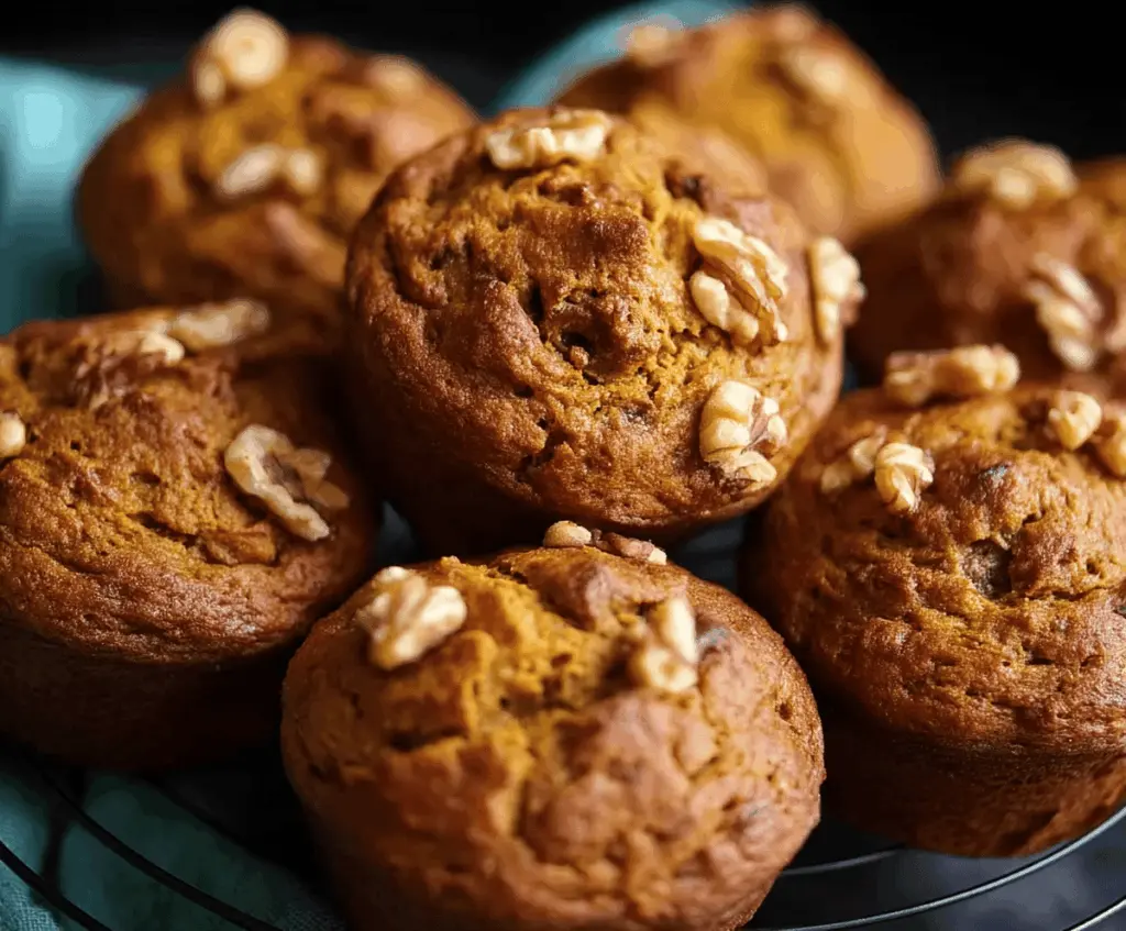 Freshly baked pumpkin walnut muffins on a white plate with a sprinkle of chopped walnuts, showcasing a moist, spiced fall-inspired dessert perfect for breakfast or snacks.