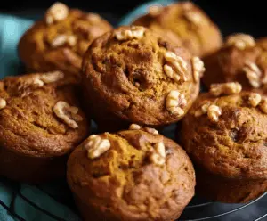 Freshly baked pumpkin walnut muffins on a white plate with a sprinkle of chopped walnuts, showcasing a moist, spiced fall-inspired dessert perfect for breakfast or snacks.