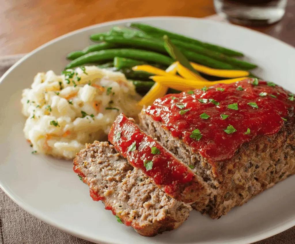 Juicy ranch-seasoned meatloaf served with fresh vegetables on a white plate, perfect for a comforting family dinner