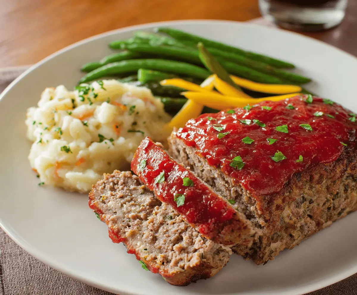 Juicy ranch-seasoned meatloaf served with fresh vegetables on a white plate, perfect for a comforting family dinner