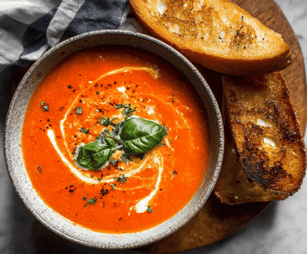 A bowl of vibrant red pepper tomato soup garnished with fresh herbs, served with crusty bread on a rustic wooden table.