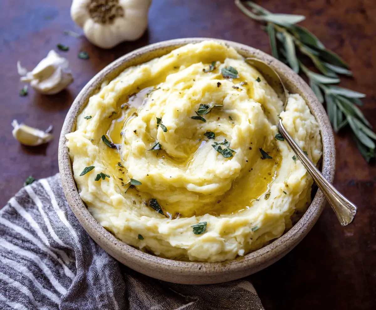 Creamy roasted garlic mashed potatoes served in a rustic bowl, perfect for a comforting meal.