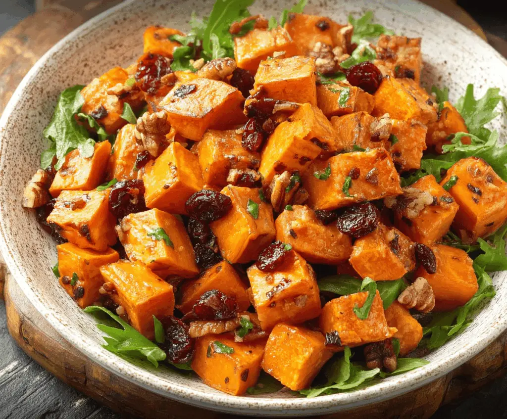 Colorful roasted sweet potato salad with fresh greens, feta cheese, and a lemon vinaigrette on a rustic plate.