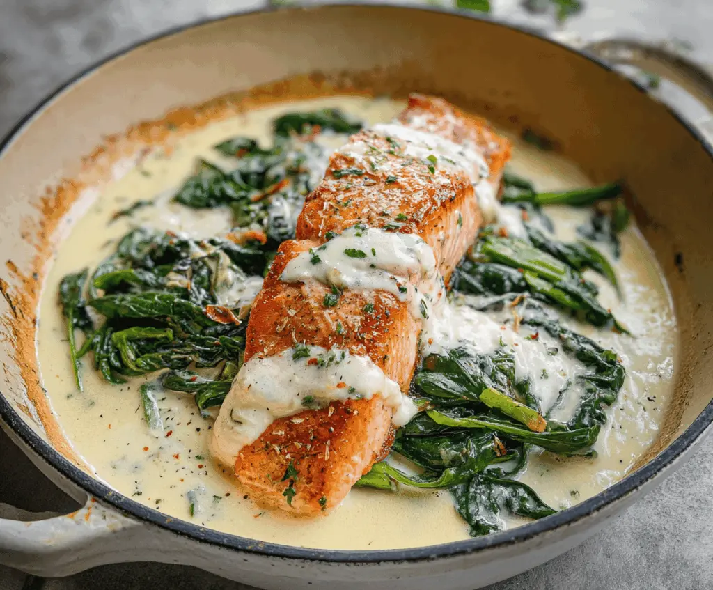 Delicious salmon Florentine topped with spinach and drizzled with creamy garlic sauce on a white plate
