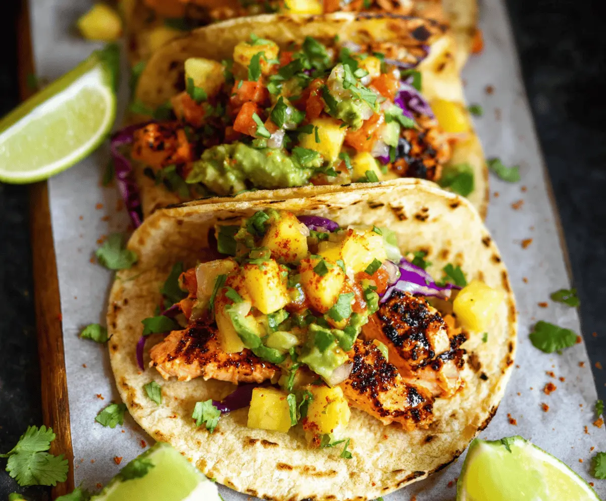 Delicious salmon tacos topped with fresh pineapple avocado salsa, served with vibrant vegetables and lime wedges for a flavorful meal.