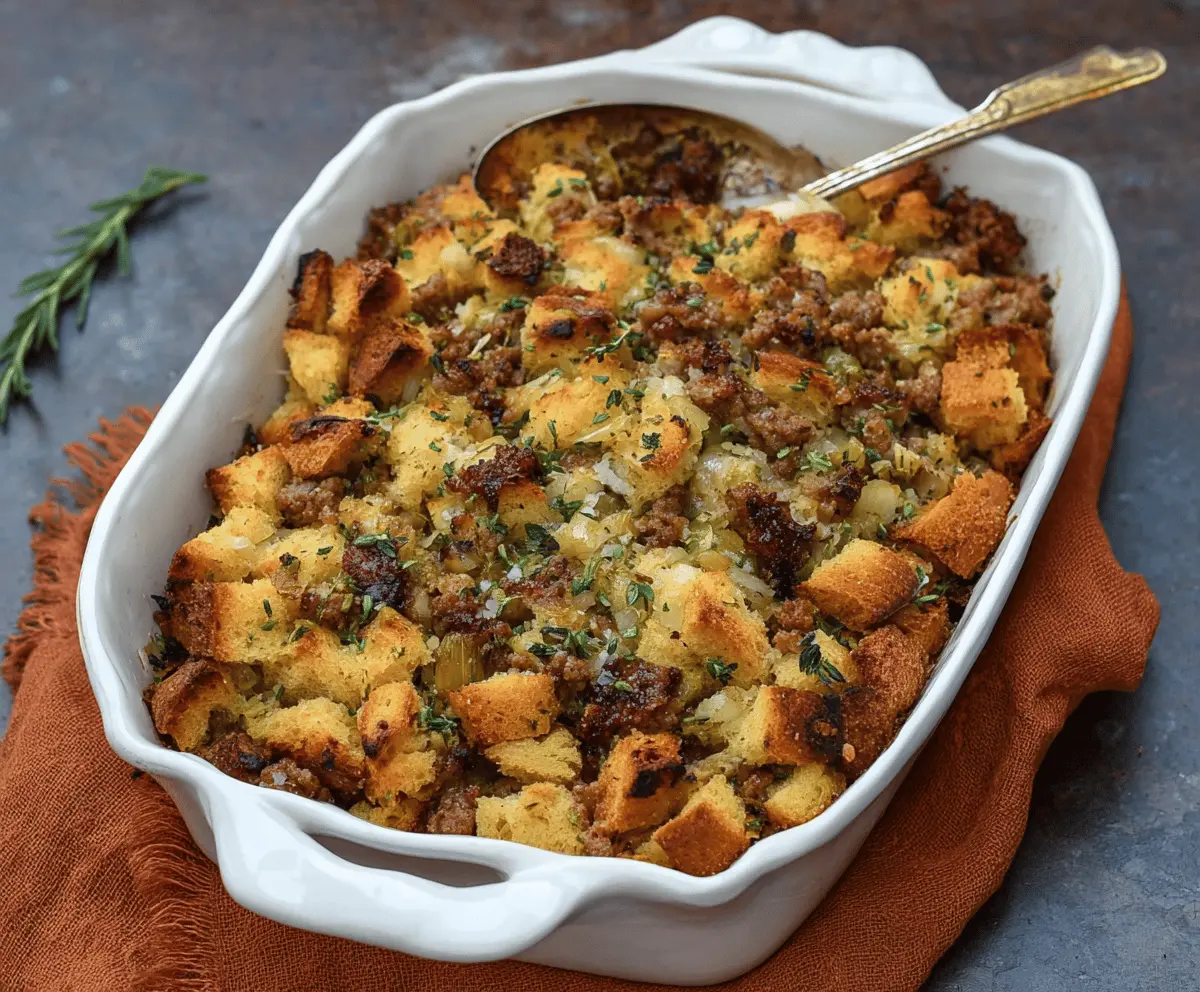 Delicious sausage and herb stuffing with golden crispy top, perfect for holiday dinners.