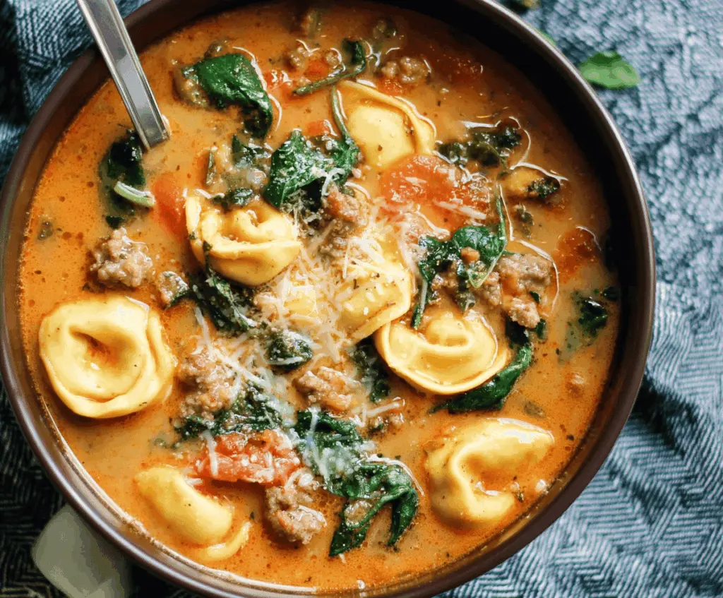 A bowl of hearty sausage tortellini soup garnished with fresh herbs, showcasing colorful tortellini, sausage slices, vegetables, and a savory broth.