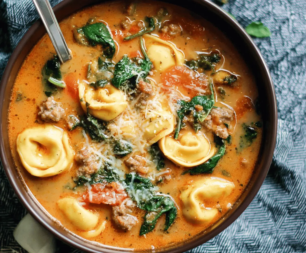 A bowl of hearty sausage tortellini soup garnished with fresh herbs, showcasing colorful tortellini, sausage slices, vegetables, and a savory broth.