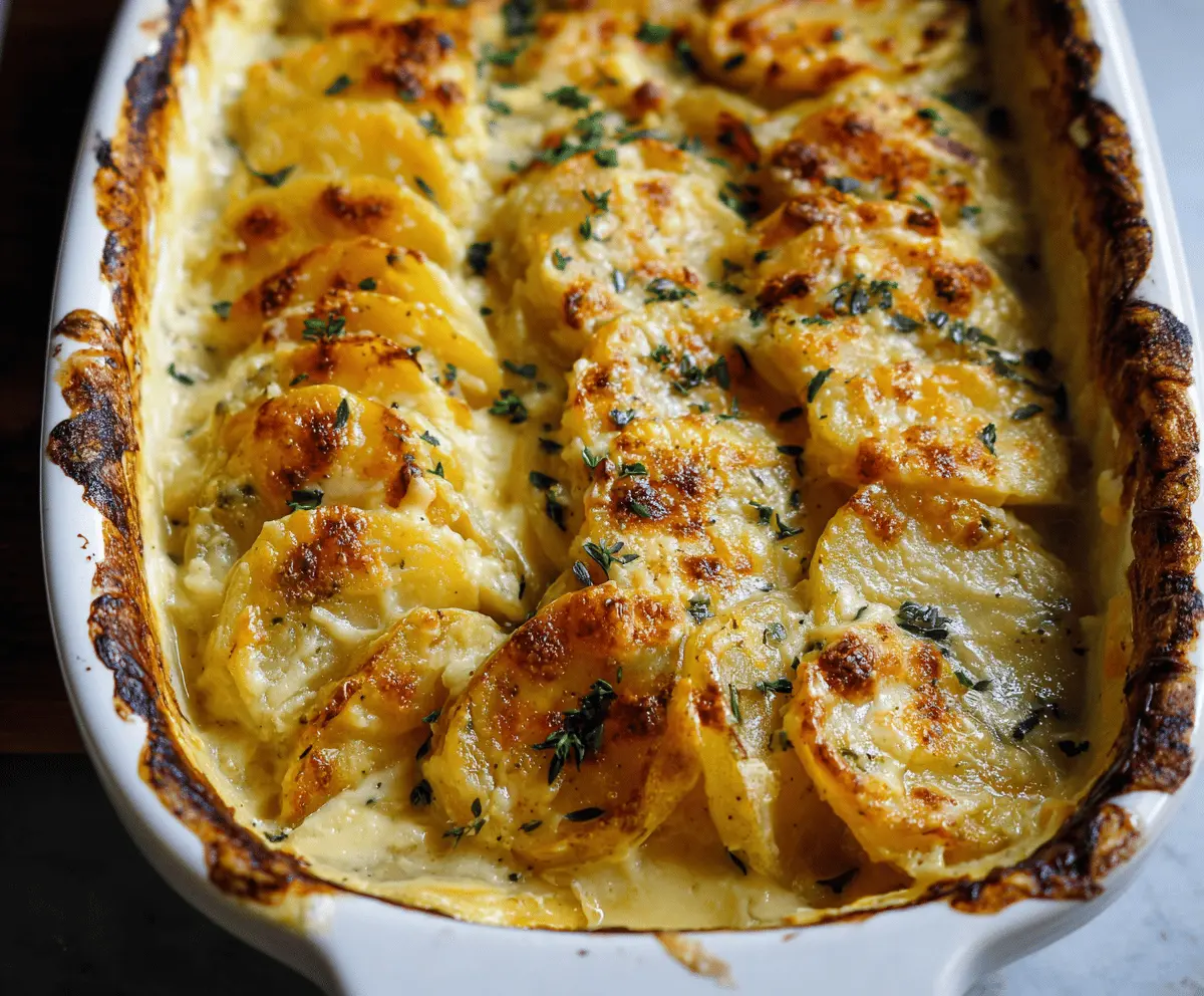 Creamy scalloped potatoes baked to perfection in a serving dish, topped with golden cheese.