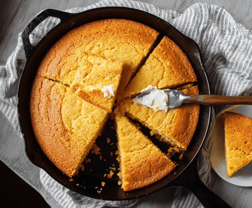 Golden skillet cornbread fresh out of the oven, showcasing a crispy crust and moist, tender interior perfect for serving as a side dish