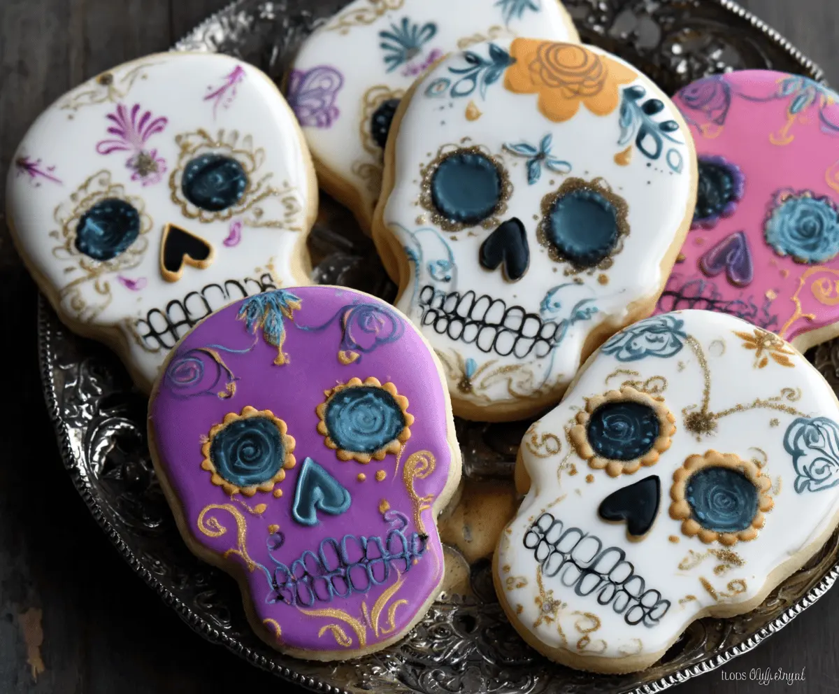 Colorful skull-shaped sugar cookies decorated with vibrant icing and sprinkles for a spooky Halloween treat