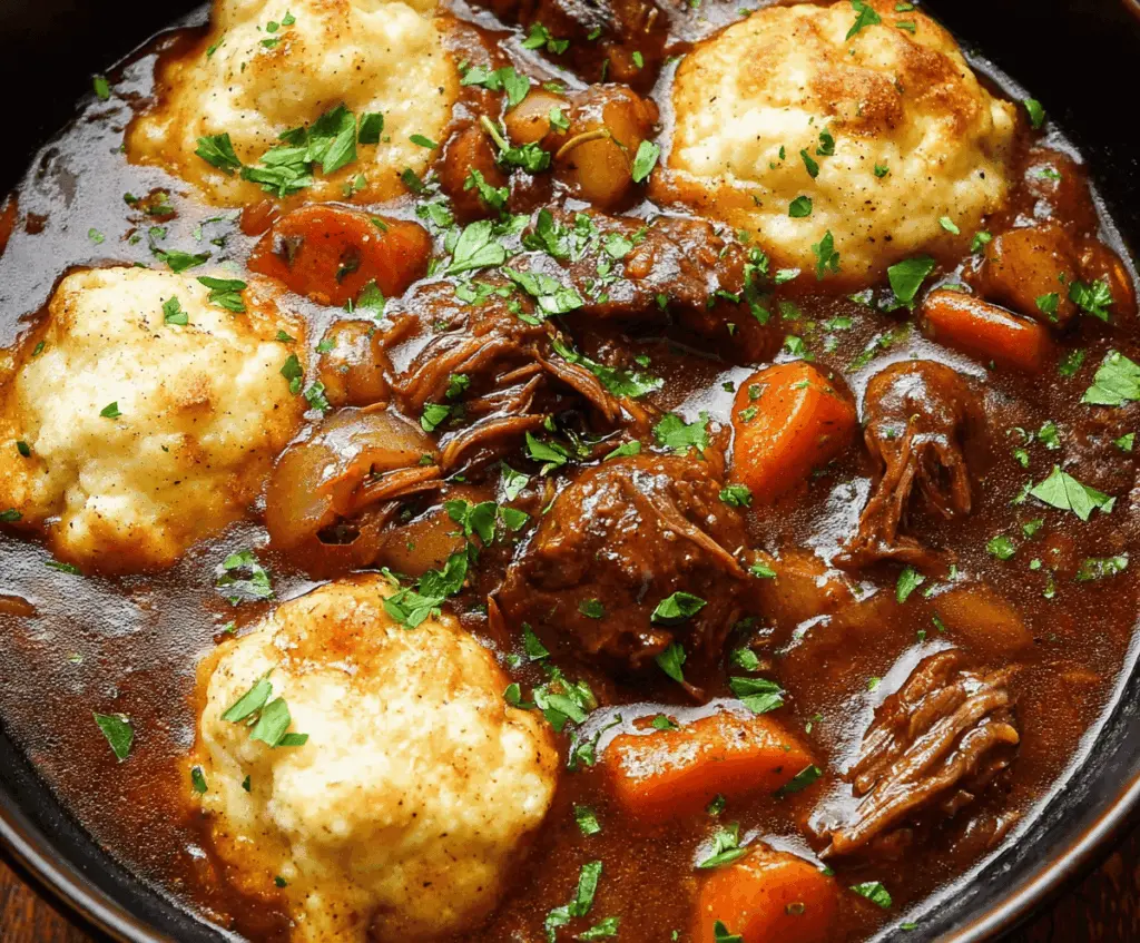 Hearty slow cooker beef stew with tender meat, vegetables, and fluffy dumplings served in a rustic bowl