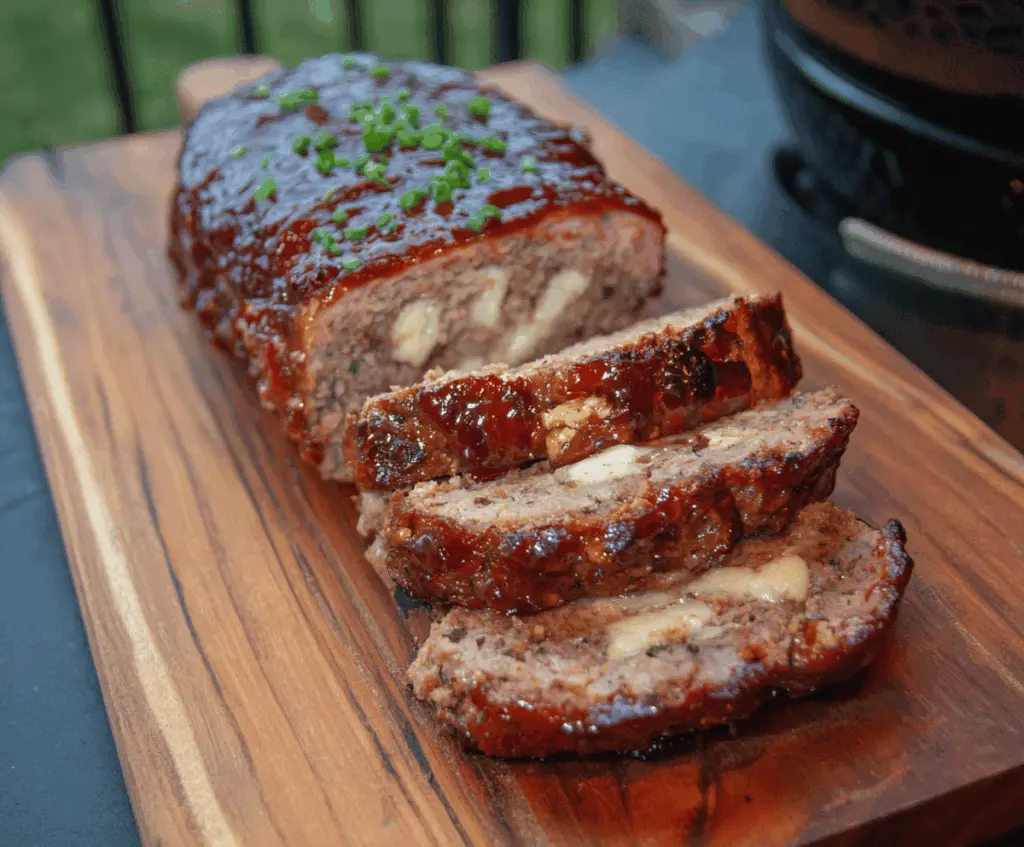 Juicy smoked meatloaf glazed with barbecue sauce, served with fresh vegetables on a wooden platter