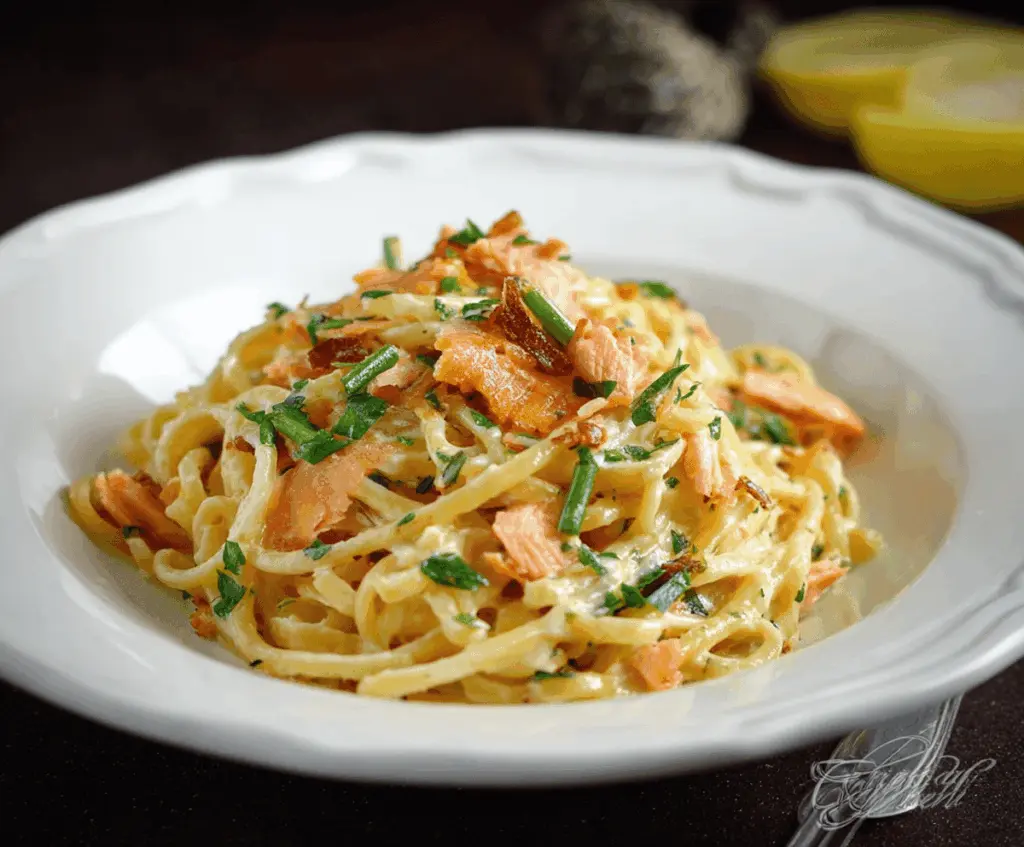 Delicious smoked salmon carbonara pasta served with a creamy sauce and fresh herbs