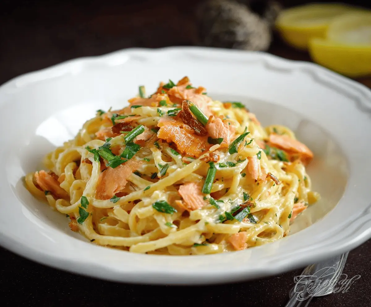 Delicious smoked salmon carbonara pasta served with a creamy sauce and fresh herbs