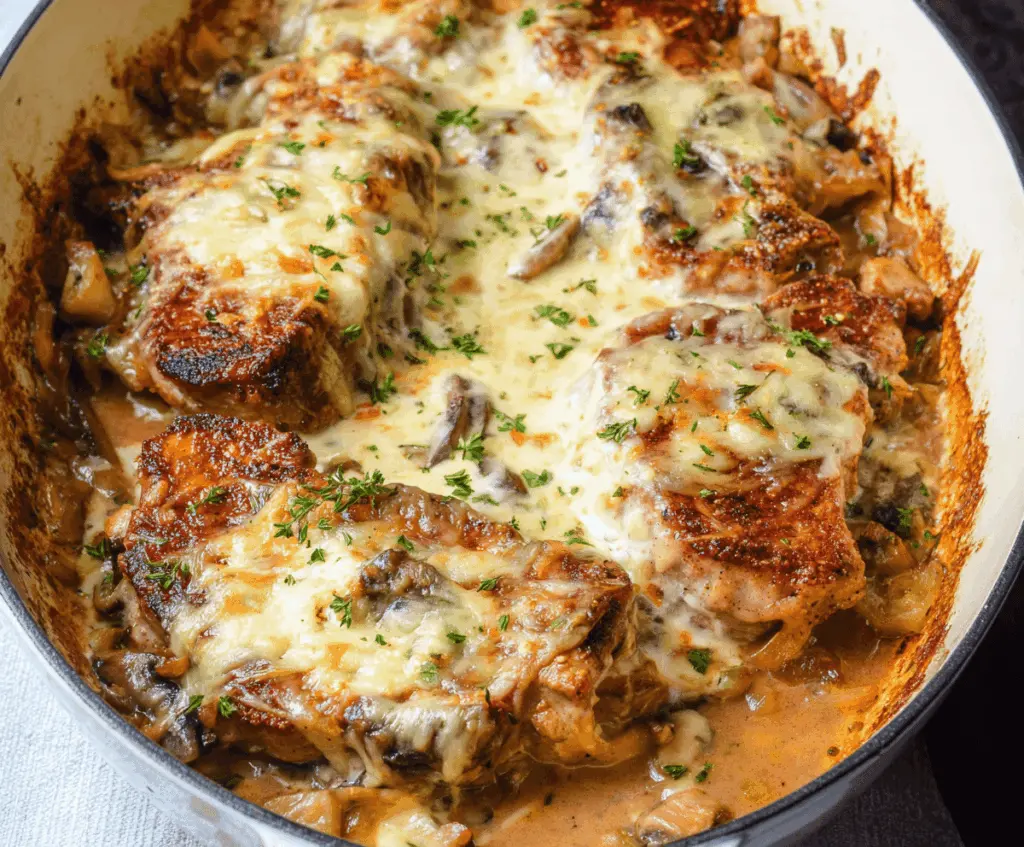 Delicious smothered pork chop casserole topped with melted cheese and savory gravy, served with fresh vegetables on a plate.