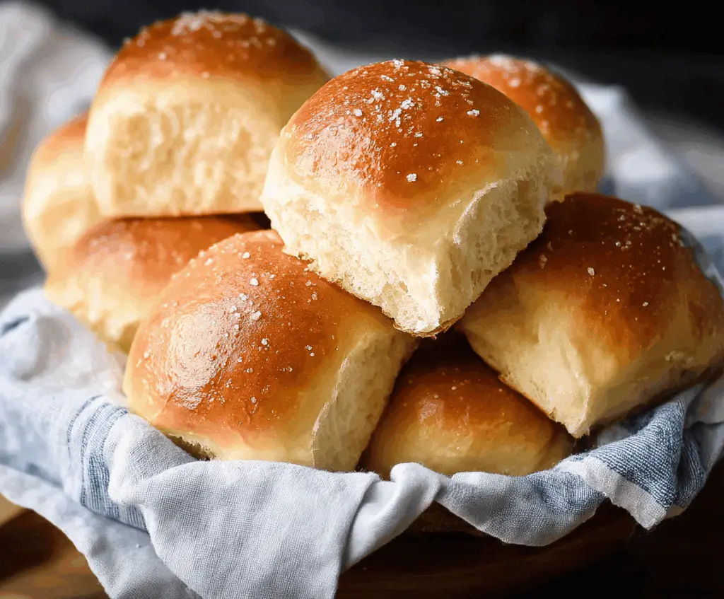 Golden, fluffy soft dinner rolls fresh out of the oven, perfect for sharing at dinner tables.