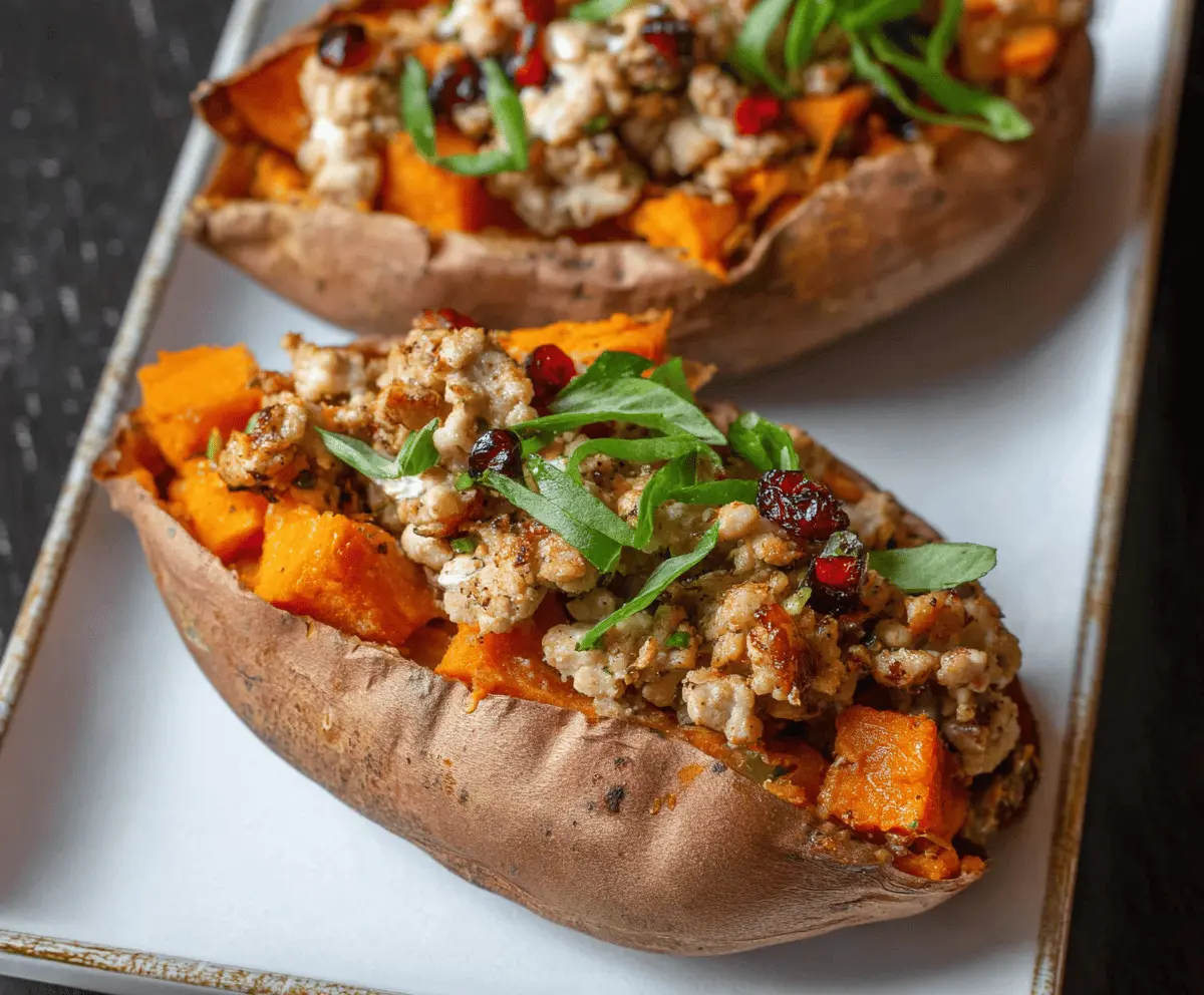 Delicious stuffed sweet potatoes topped with seasoned ground turkey and fresh herbs, served as a healthy and hearty meal.