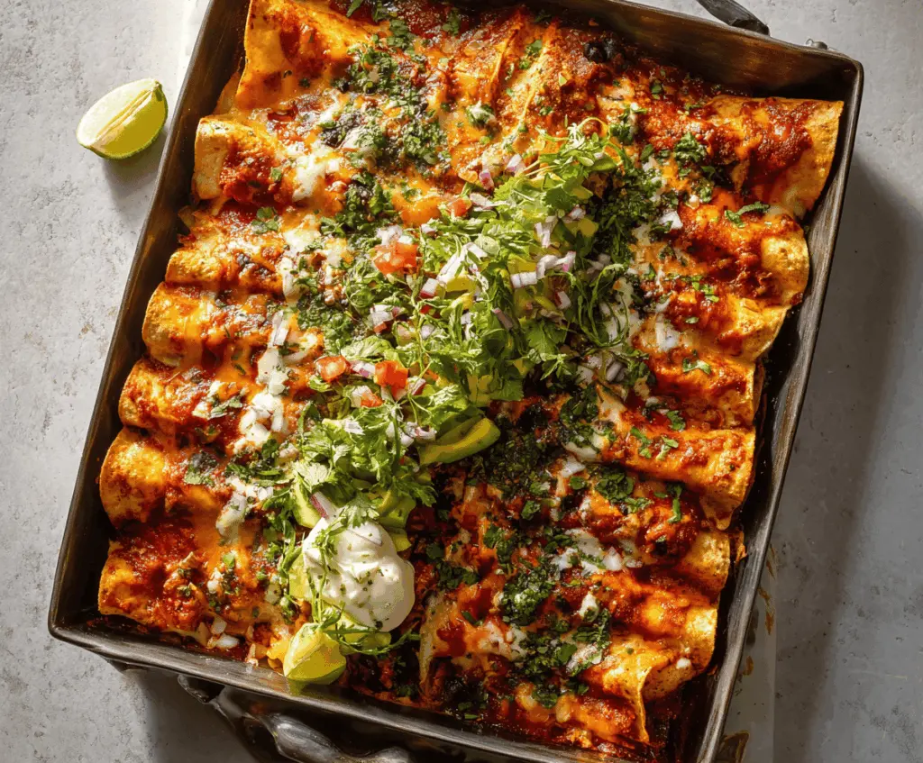 Delicious sweet potato and black bean enchiladas topped with melted cheese and fresh herbs.