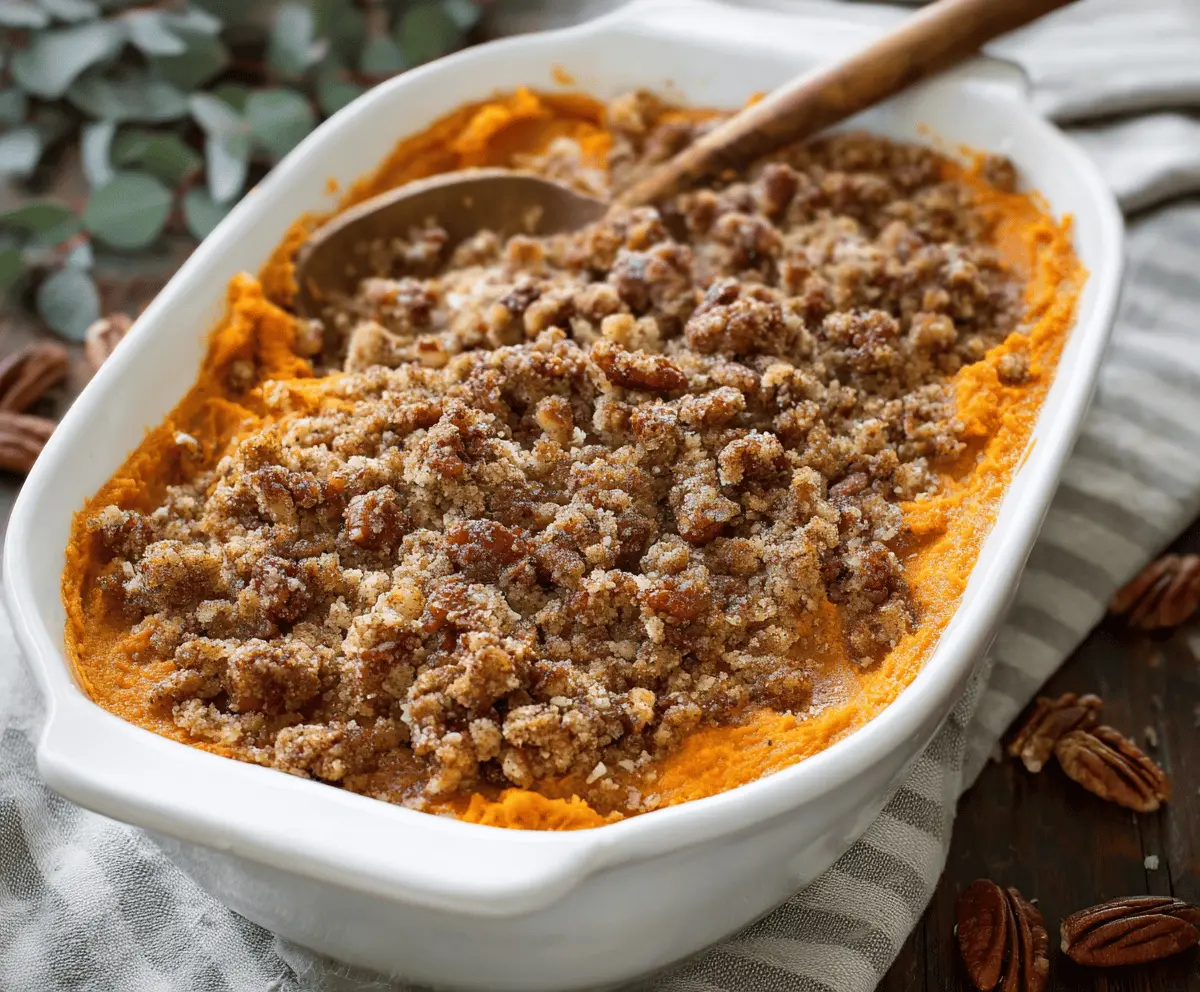 Delicious sweet potato casserole topped with a crunchy pecan streusel for the perfect holiday side dish.