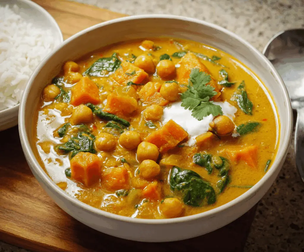 A bowl of hearty sweet potato chickpea curry soup garnished with fresh herbs, served with slices of crusty bread on the side.