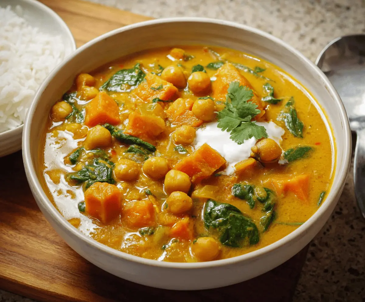A bowl of hearty sweet potato chickpea curry soup garnished with fresh herbs, served with slices of crusty bread on the side.