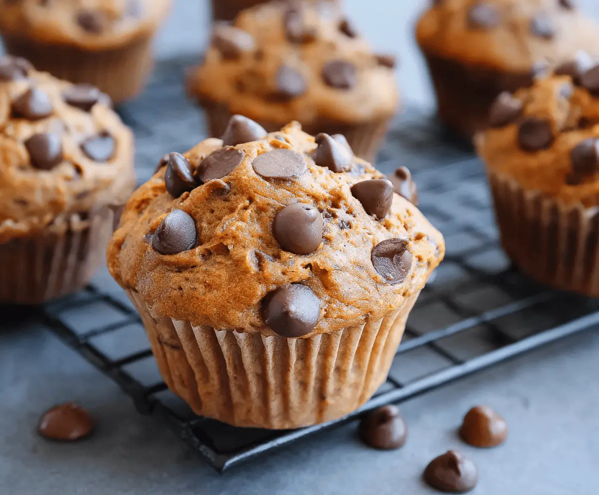 Delicious homemade sweet potato chocolate chip muffins with golden crust and gooey chocolate chips on top