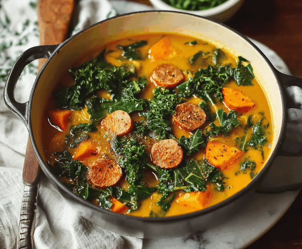 A steaming bowl of hearty sweet potato kale soup garnished with fresh herbs, showcasing vibrant orange and green colors, perfect for a nutritious and comforting meal.