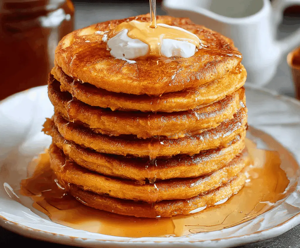Delicious homemade sweet potato pancakes served with maple syrup and fresh berries on a plate.