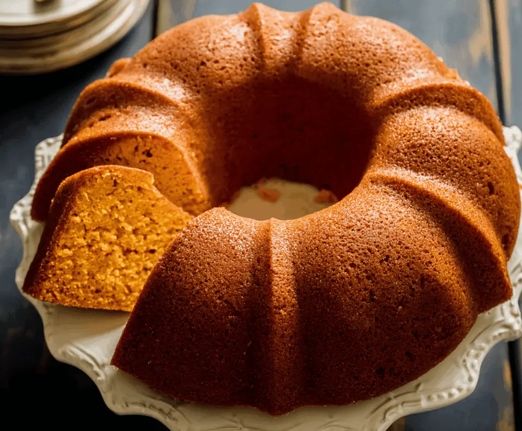 Delicious slice of sweet potato pound cake topped with a dusting of powdered sugar, served on a white plate with a fork ready to enjoy